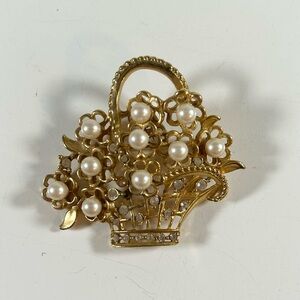 Vintage Signed Napier Basket Brooch with Faux Pearls and Rhinestones
